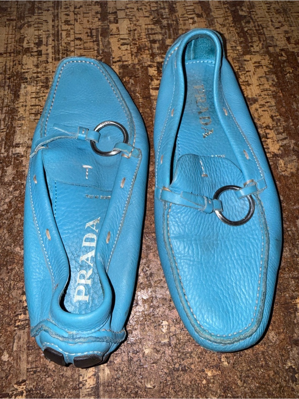 Prada Turquoise Blue Leather Bit-Detail Loafers